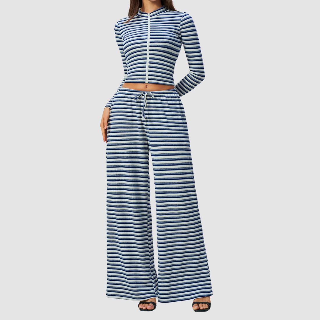 Wholesale Women's Stripe Yoga Set: Zip Stand-Collar Jacket & Wide-Leg Pants