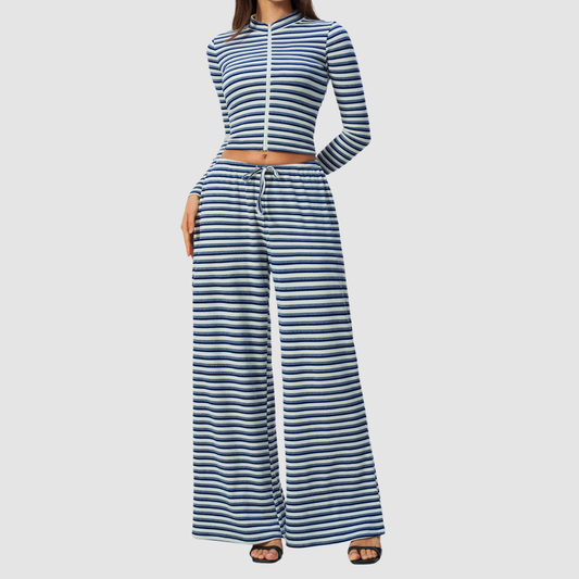 Wholesale Women's Stripe Yoga Set: Zip Stand-Collar Jacket & Wide-Leg Pants