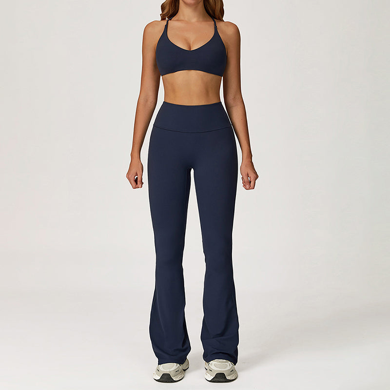 Cross-Back Sports Bra + Flared Leg Pants 2-Piece Set