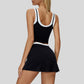 Two-piece contrasting sports tank top + A-line skirt