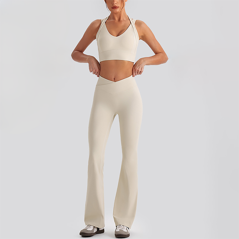 Wholesale Women's Open-Back Long Sleeve Crop Top & High Waist Leggings Set with Chest Pad