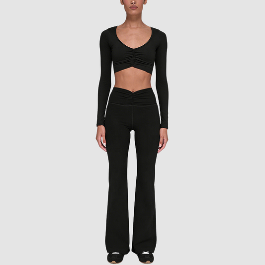 Wholesale Women's Cationic Long Sleeve Top & Wide-Leg Pants Set – Draped Yoga Set