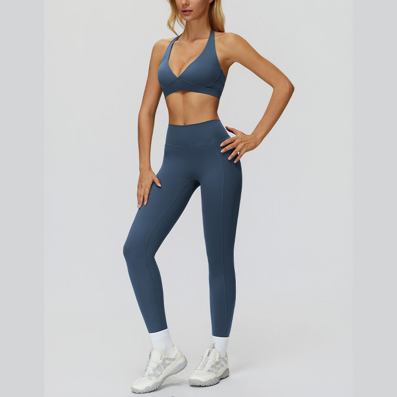 Halter sports bra+High waisted leggings 2-piece set