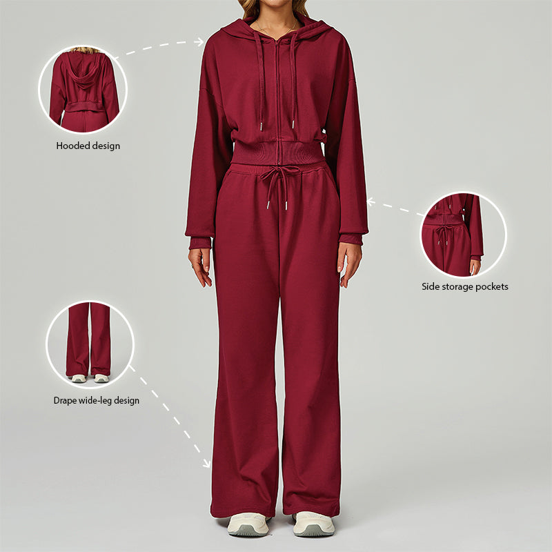 Loose hooded and full zipper Sweatshirt + drawstring Sweatpants 2 pieces set