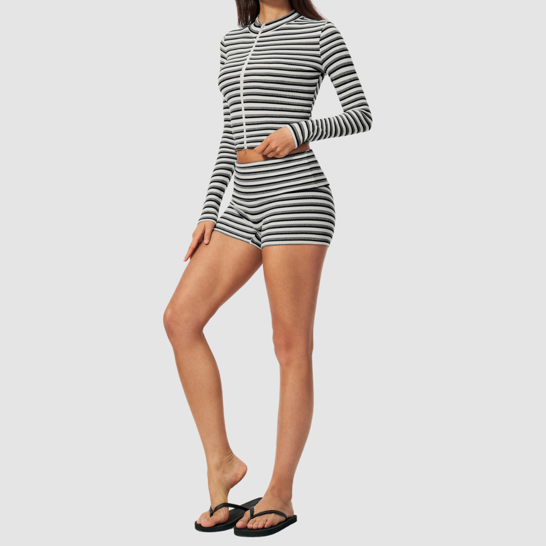 Wholesale Women's Stripe Yoga Set: Zip Stand-Collar Jacket & Shorts