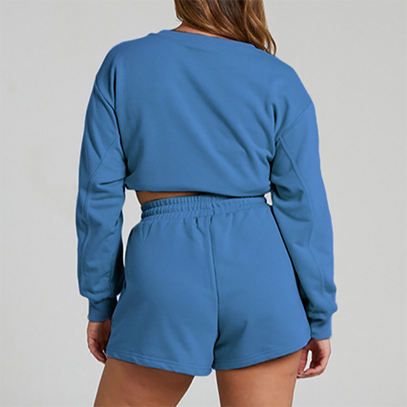 Wholesale solid color long sleeved sweatshirt+shorts set