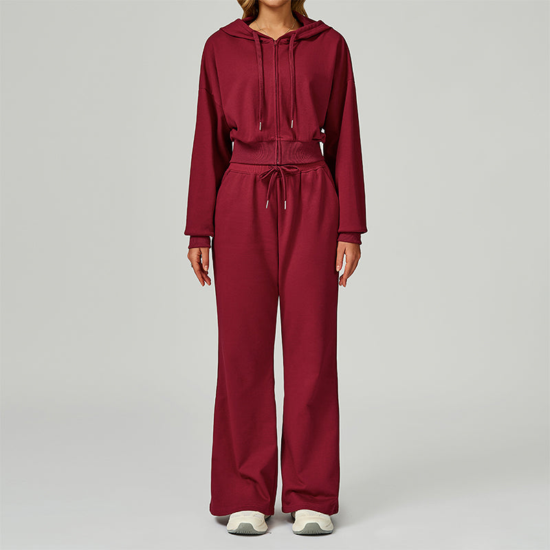 Loose hooded and full zipper Sweatshirt + drawstring Sweatpants 2 pieces set