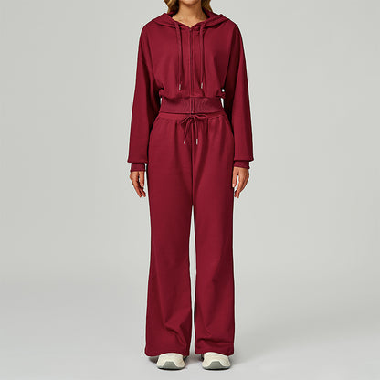 Loose hooded and full zipper Sweatshirt + drawstring Sweatpants 2 pieces set