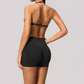 Wholesale Women's Seamless Yoga Set: Halter Open-Back Sports Bra & Shorts – Quick-Dry Lycra w/ Chest Pad