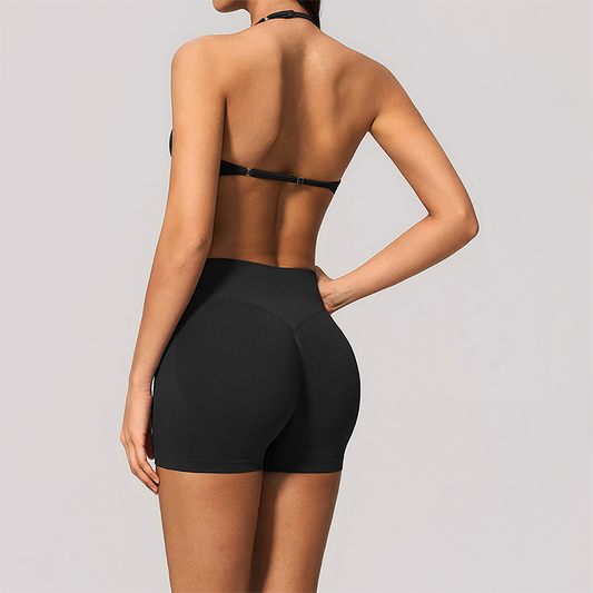 Wholesale Women's Seamless Yoga Set: Halter Open-Back Sports Bra & Shorts – Quick-Dry Lycra w/ Chest Pad