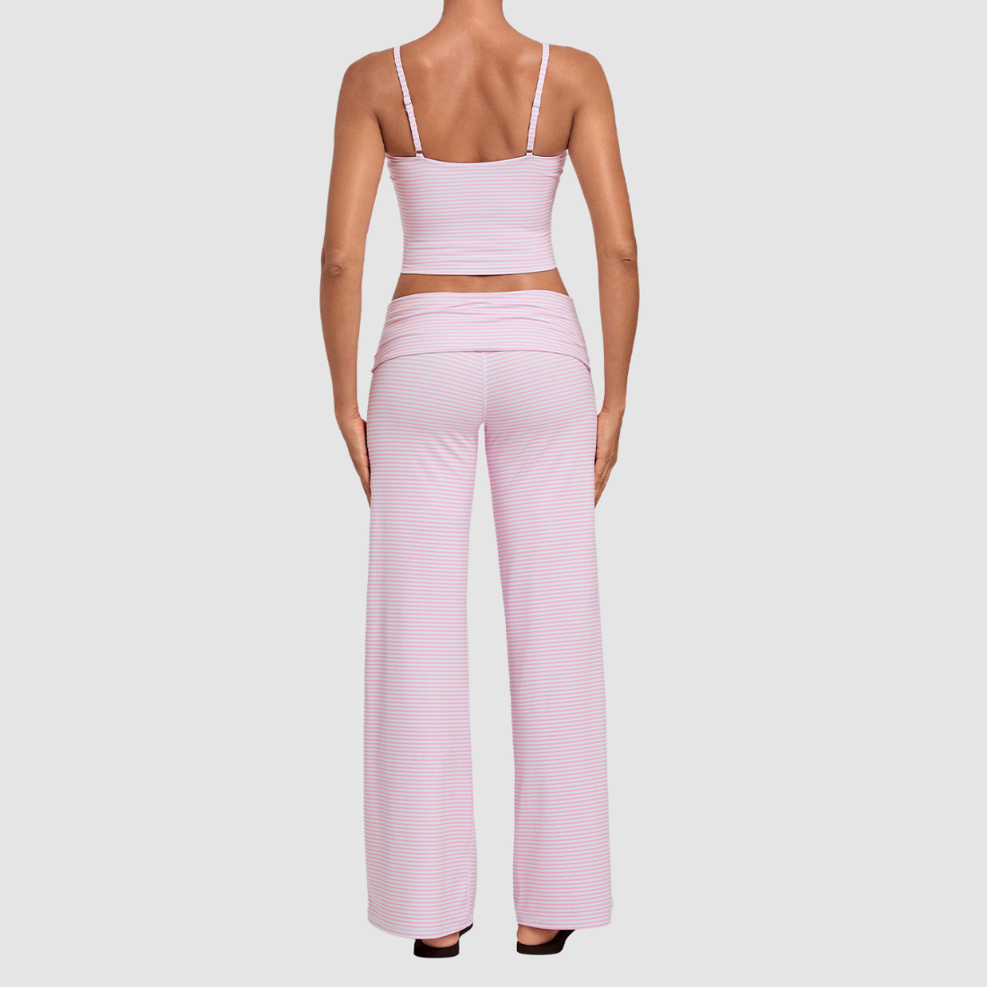 Wholesale Women's Activewear Retro Print Fold-Over Waist Top & Straight-Leg Pants Set