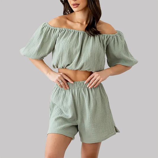 Wholesale Women's Off-Shoulder Shorts Set – Ruched Waist Two-Piece Casual Vacation Outfit