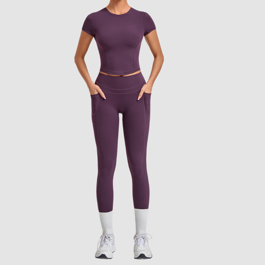Wholesale Women's Naked-Feel Short Sleeve Top + High-Waist Leggings Set – Peach Lift Yoga Fitness Activewear