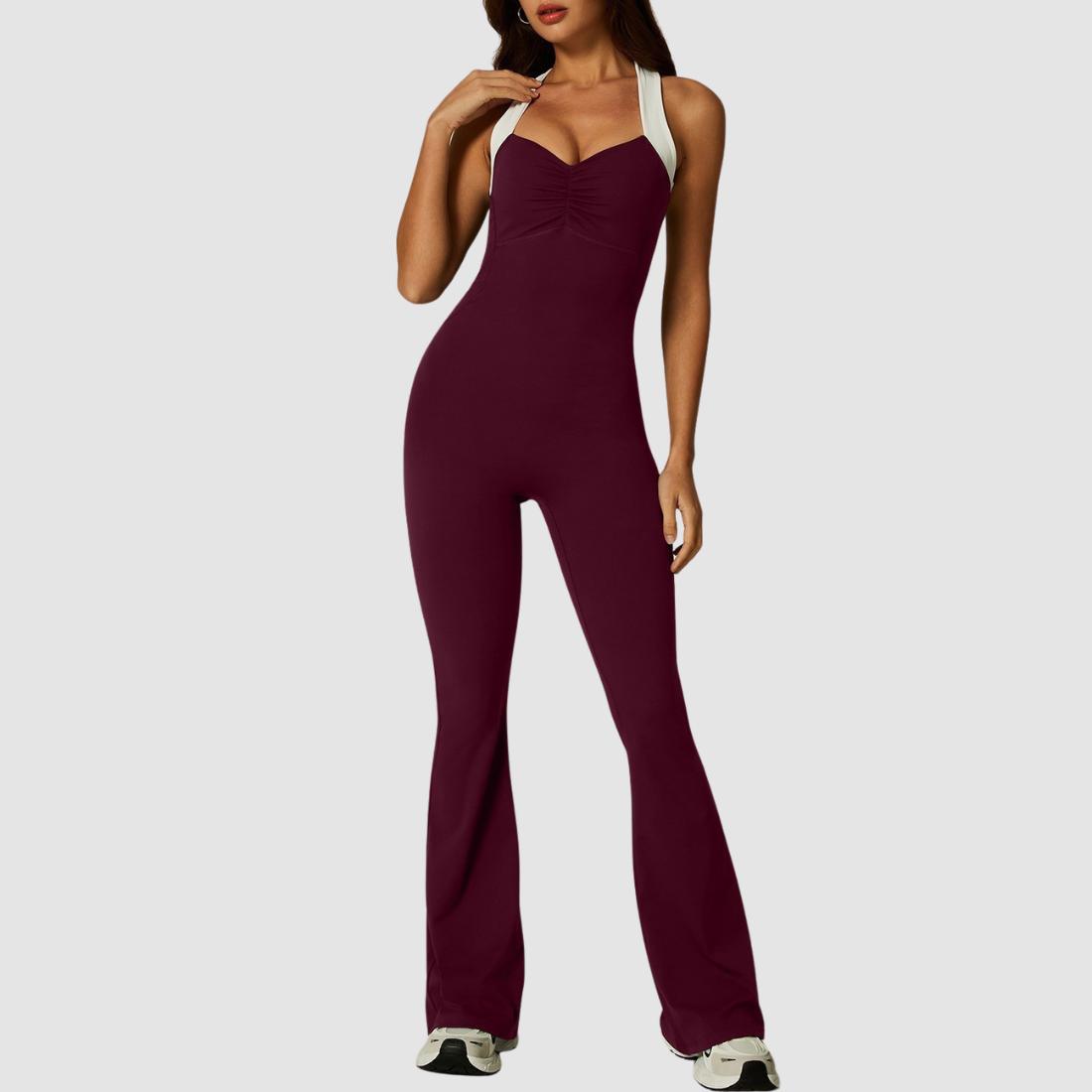 Women's Wholesale Activewear Cross-Back V-Neck Flared-Leg Yoga Jumpsuit