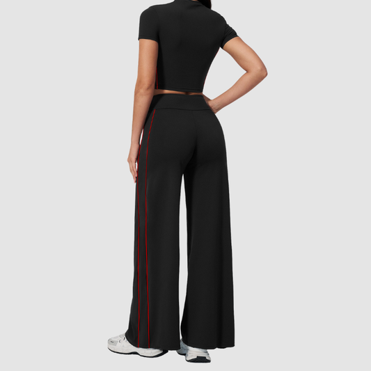 Wholesale Women's Brushed Short Sleeve Crop Top & Wide-Leg Pants Set – Padded Yoga Fitness 2-Piece