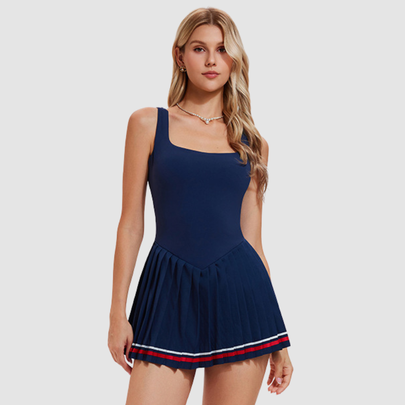 Wholesale Women's Square Neck Open-Back Sleeveless Tennis Dress – Anti-Exposure Pleated Sports Dress