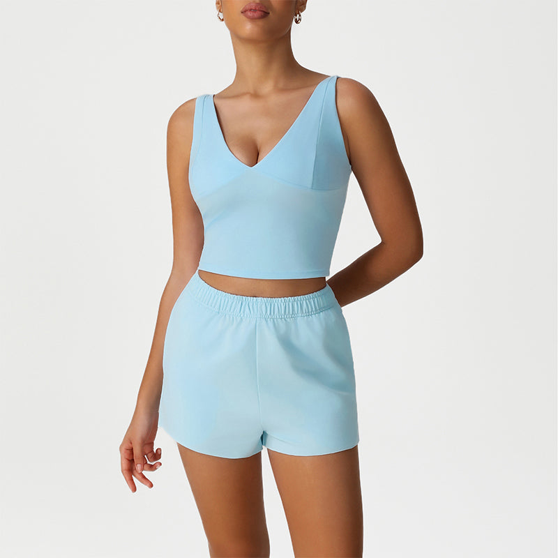 V-Neck Crop Top + Loose Sports Shorts 2-Piece Set