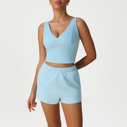 V-Neck Crop Top + Loose Sports Shorts 2-Piece Set