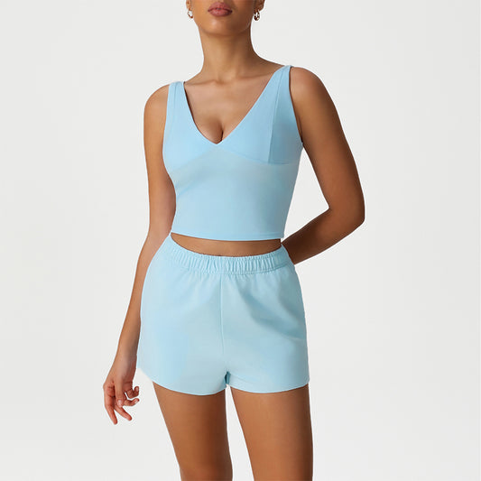 V-Neck Crop Top + Loose Sports Shorts 2-Piece Set