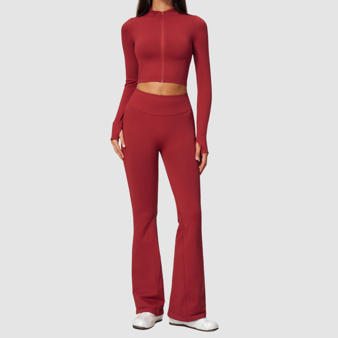 Wholesale Women's Stand-Collar Zip Jacket & Flared Yoga Pants Set