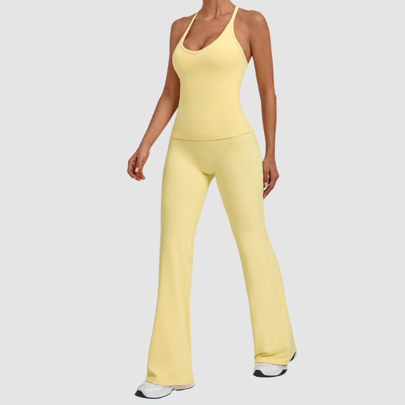 Wholesale Women's Racerback Yoga Set – Double-Layer Chest Pad Cross Waist Flare Pants