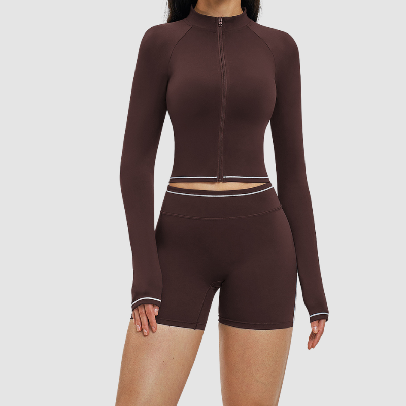 Wholesale color-blocked stand-collar zippered jacket + high-waisted tight shorts