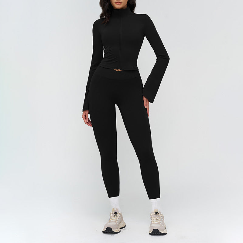 Stand-up collar yoga jacket + side pocket design leggings 2-piece set