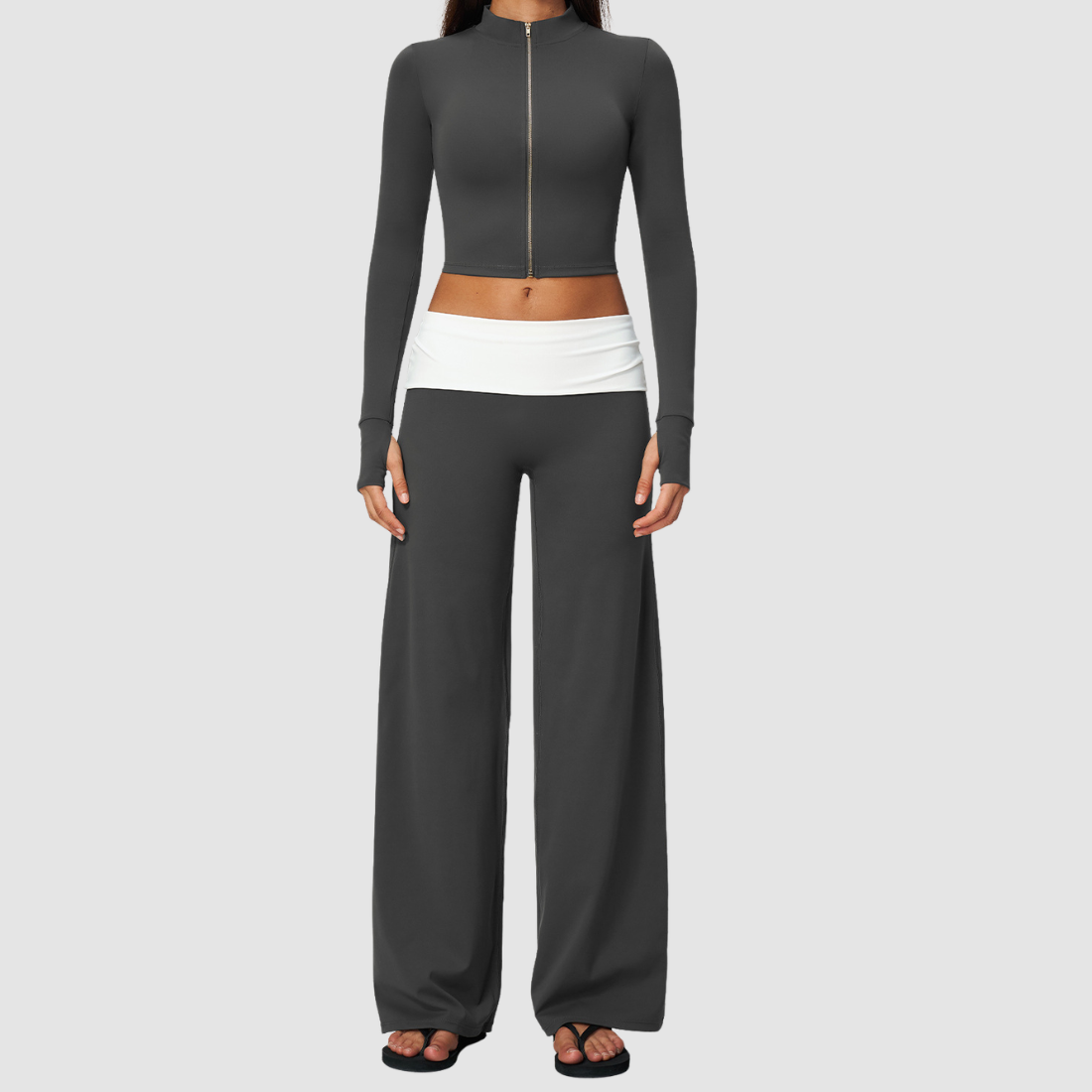 Wholesale Women’s Stand-Collar Zip Jacket & Flared Yoga Pants Set