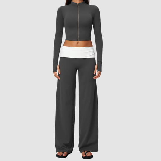 Wholesale Women’s Stand-Collar Zip Jacket & Flared Yoga Pants Set