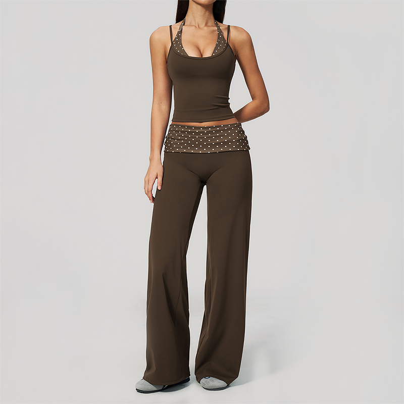 Wholesale Women's Polka Dot & Stripe Yoga Set Tank Top & Wide-Leg Pants w/ Chest Pad