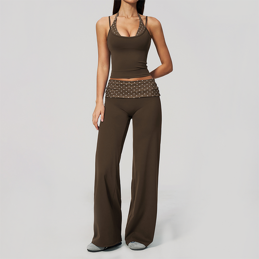 Wholesale Women's Polka Dot & Stripe Yoga Set Tank Top & Wide-Leg Pants w/ Chest Pad