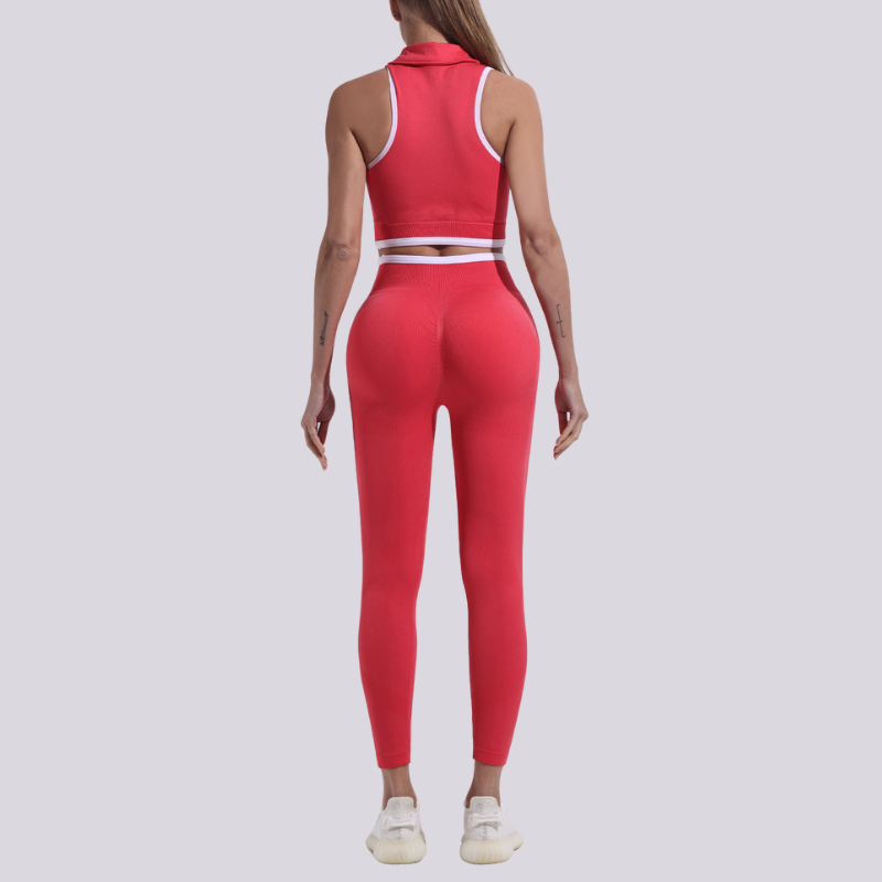 A seamless round neck sleeveless zip bra and sports pants two-piece set