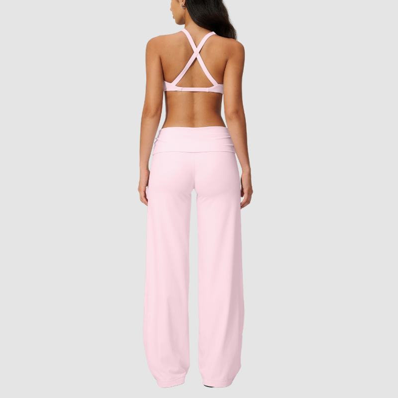 Wholesale Seam-Detail Sports Bra & Fold-up High-Waist Flare Leggings Set