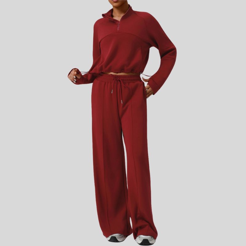 Thick half-zip sweatshirt + drawstring wide-leg pants 2-piece set