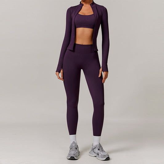 Seamless yoga bra + Full Zipper jackets + high waist leggings 3-piece set