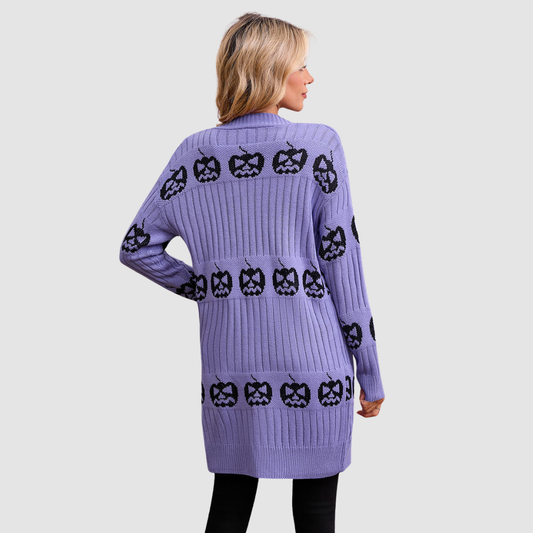 Wholesale Women's V-Neck Long Sleeve Halloween Witch Pumpkin Jacquard Cardigan