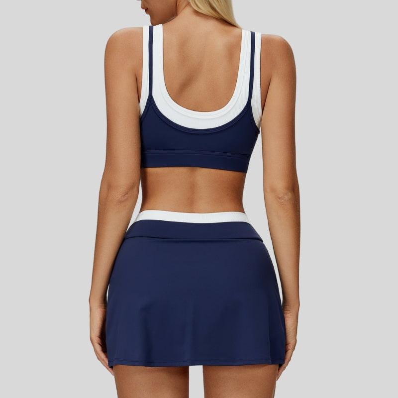 Contrast color sports bra + Anti-exposure short skirt