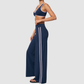 Nude-feel deep V bra + high waist + high-waisted color-blocked pants 2-piece set