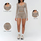 V-neck slim-fit long-sleeved top + High waist shorts 2-piece set