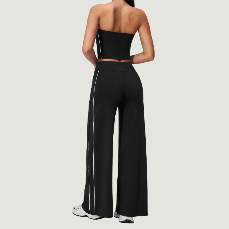 Wholesale Women's Brushed Strapless Tube Top & Wide-Leg Pants Set – Padded Yoga Fitness 2-Piece