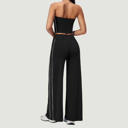 Wholesale Women's Brushed Strapless Tube Top & Wide-Leg Pants Set – Padded Yoga Fitness 2-Piece