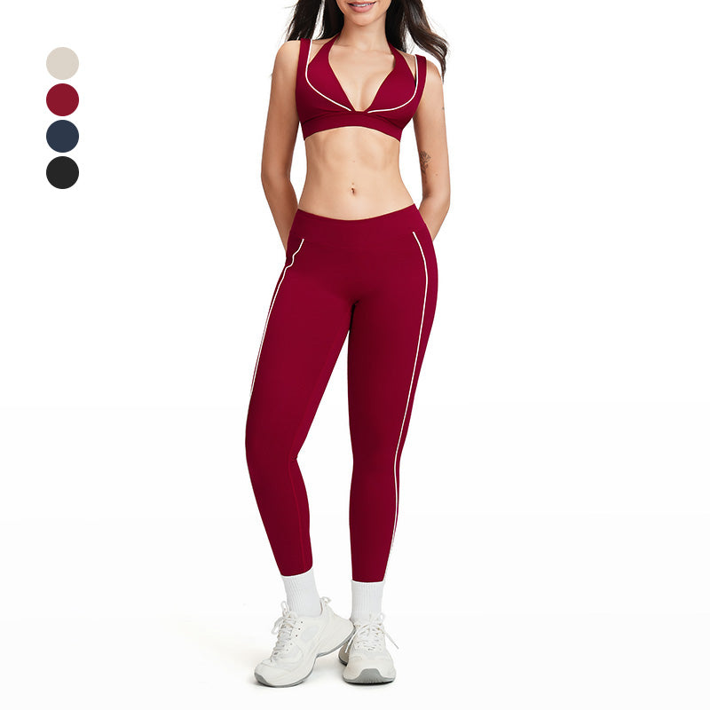 Color-block backless bra + high-waisted leggings 2-piece set