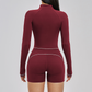Color blocking Sports jacket+Sport Bra+High waisted shorts 3-piece set