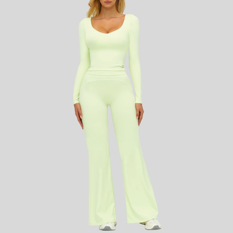 Color-blocked long-sleeved sports top+ High-waisted wide-leg pants 2-piece set