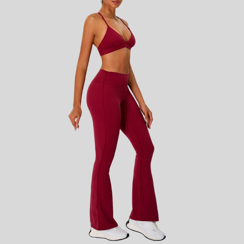Strap sports bra+High-waisted flared pants 2-piece set