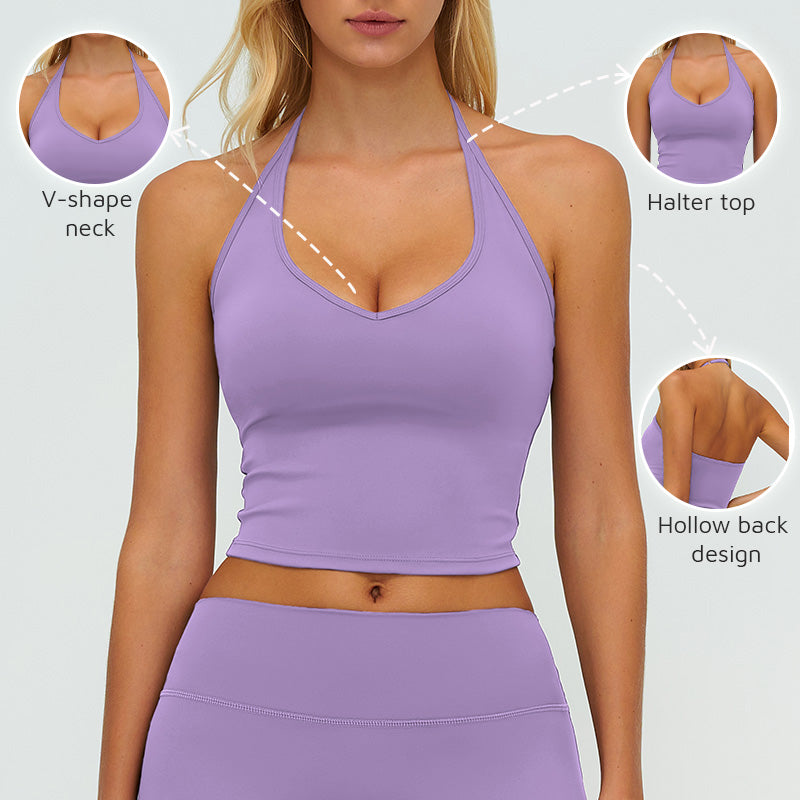 Halter-neck open-back sports tank top