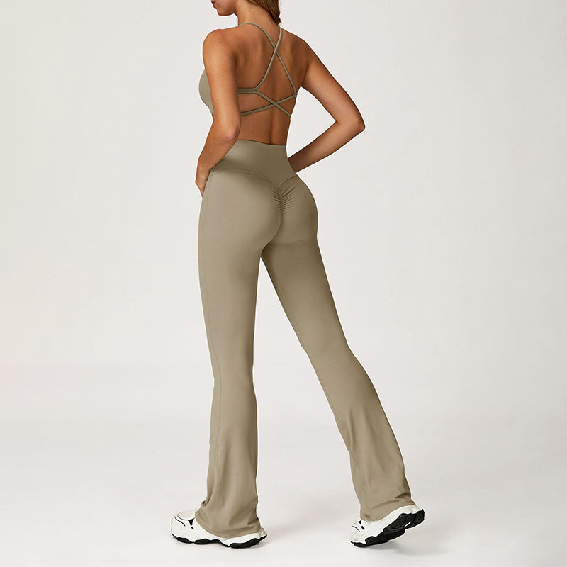 Cross-Back Sports Bra + Flared Leg Pants 2-Piece Set