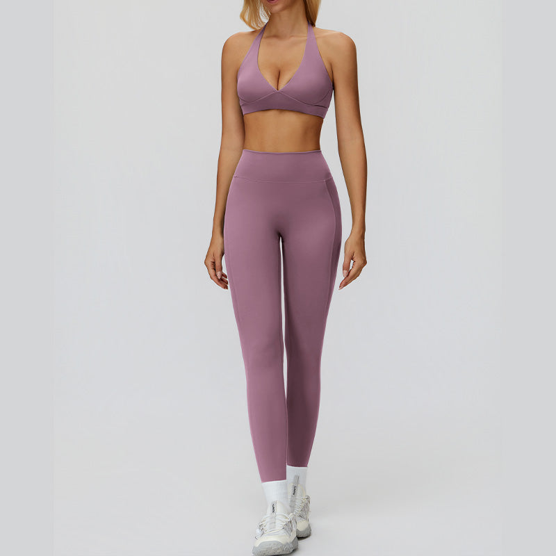Halter sports bra+High waisted leggings 2-piece set