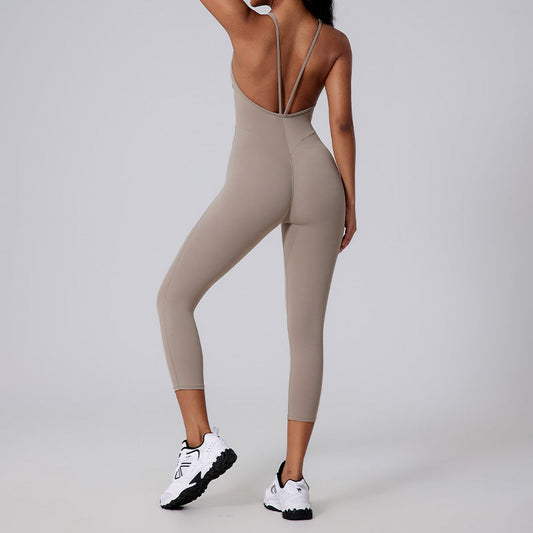 Brushed nude V-shaped back long pants yoga jumpsuit