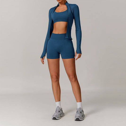 Seamless yoga bra + Full Zipper jackets + high waist shorts 3-piece set